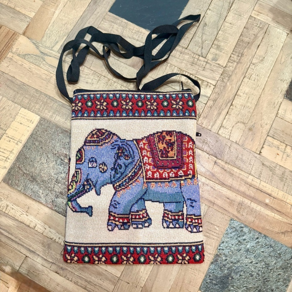 Embroidered Elephant Motif Tapestry Crossbody Bag